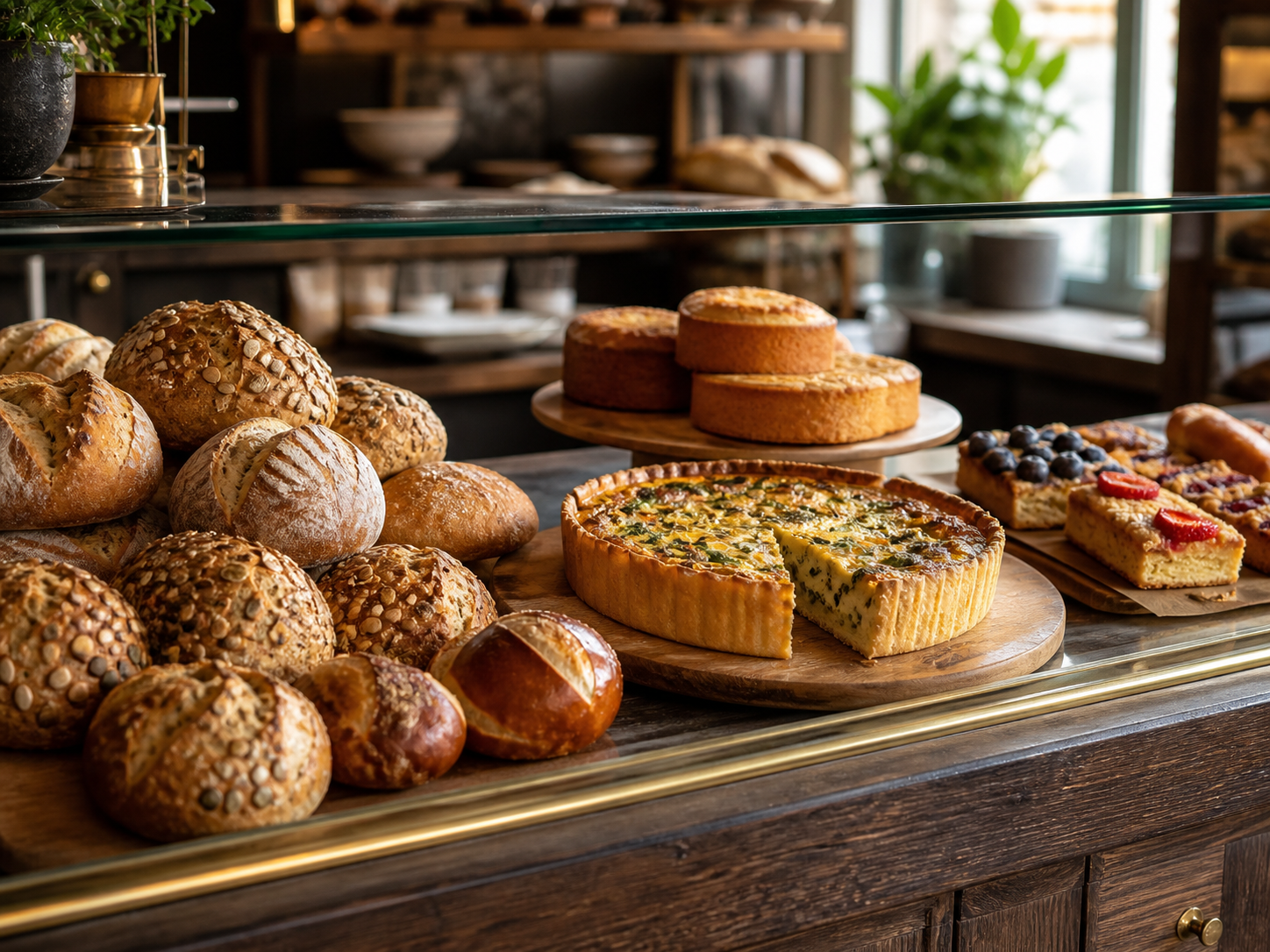 Fresh baked goods arranged on a warm counter