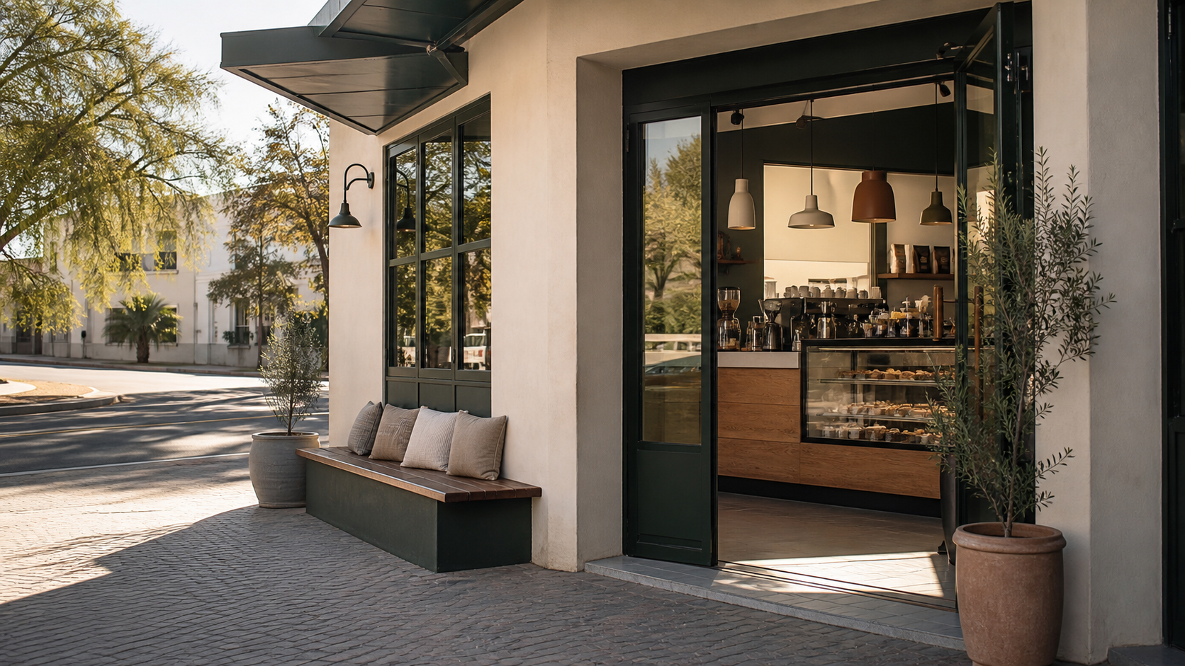 Sunlit E.A.T. corner with a bakery counter and outdoor bench