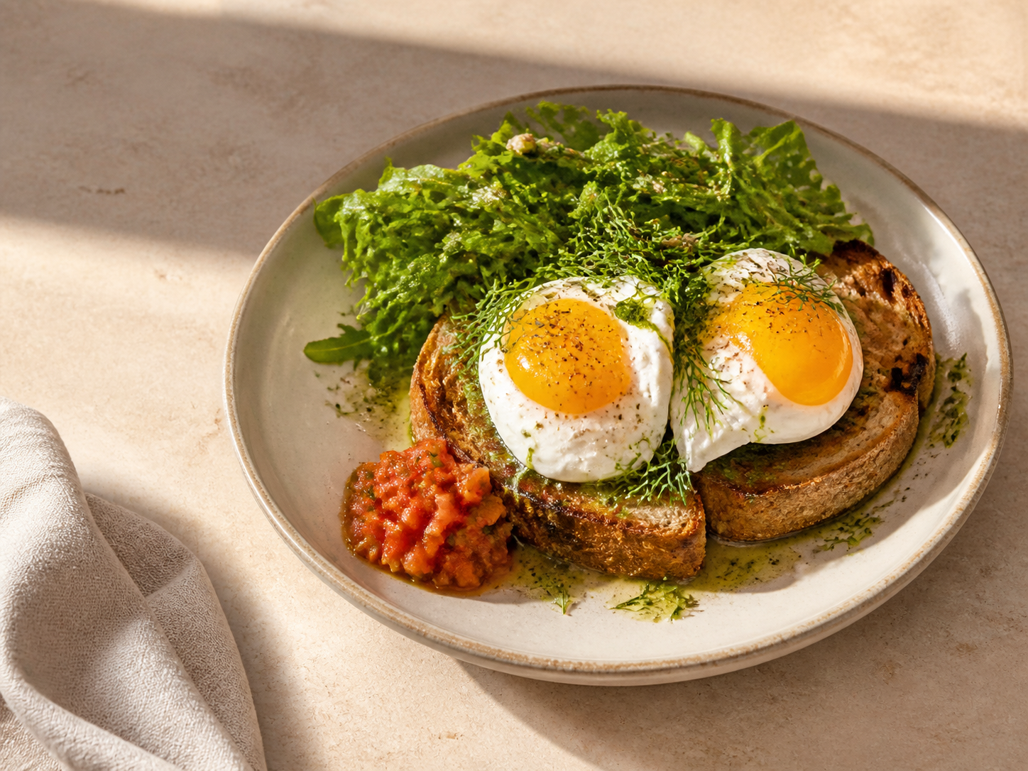 Poached eggs on toast with greens and relish
