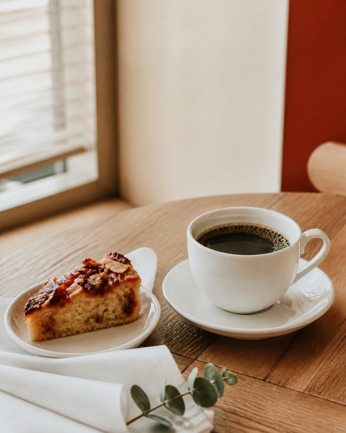 Coffee and a slice of baked dessert on a wood table