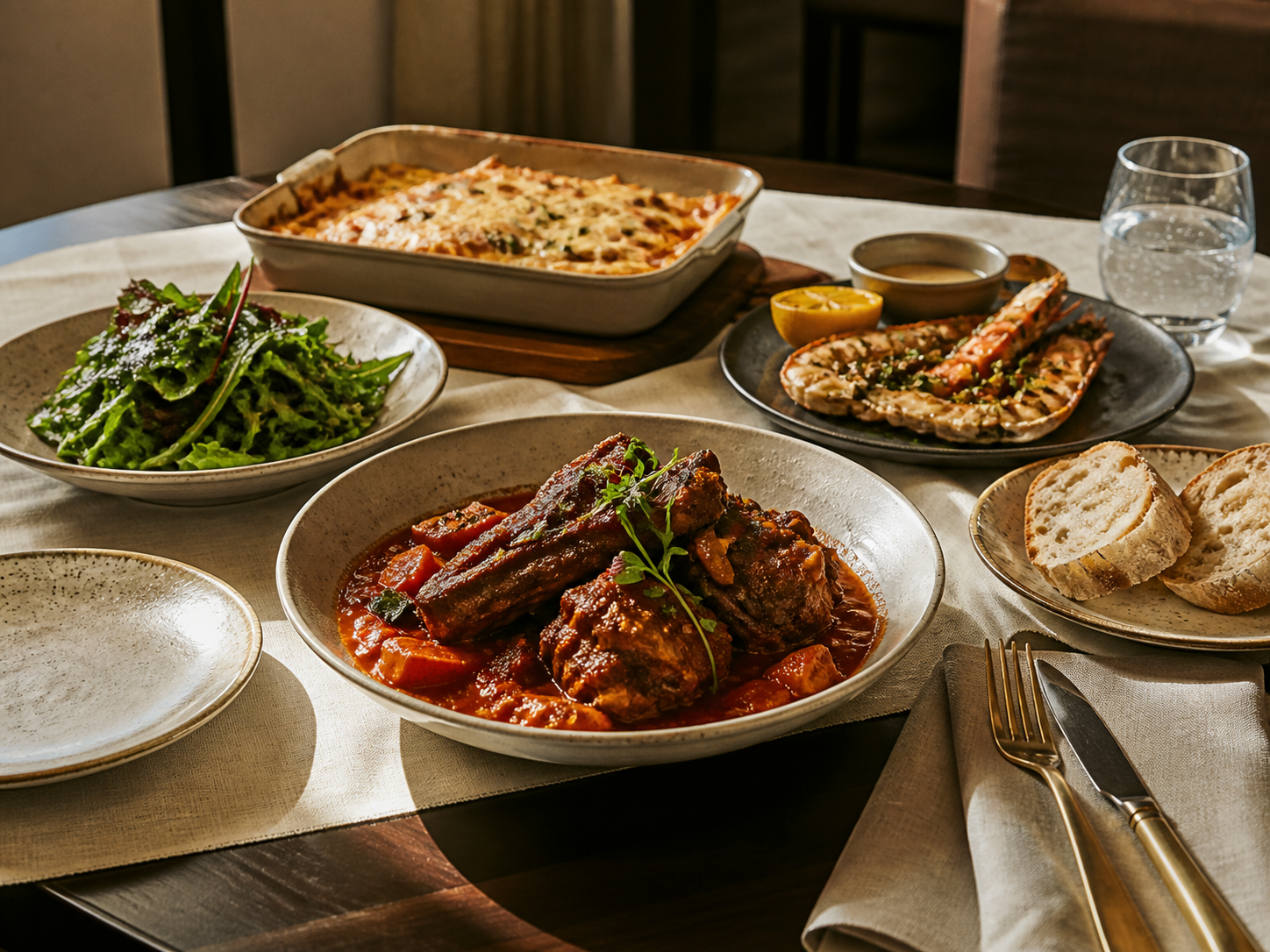 Generous shared table with stew, baked pasta, greens and grilled seafood